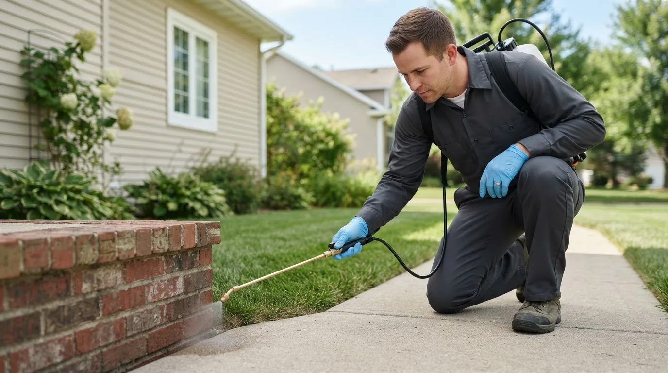 Pest control technician treating a home near Demotte, IN